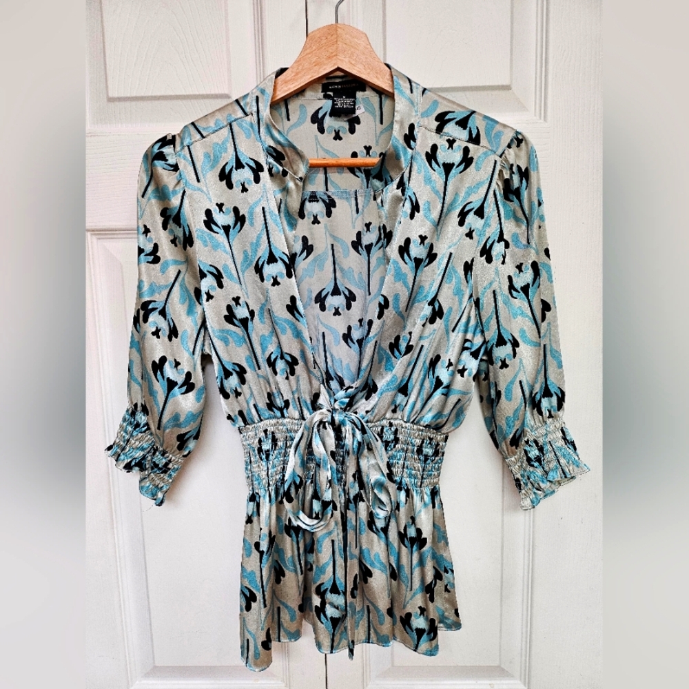 BCBGMaxAzria Blue, Silvery-Grey, and Black Smocked 3/4 Sleeve Blouse Size M